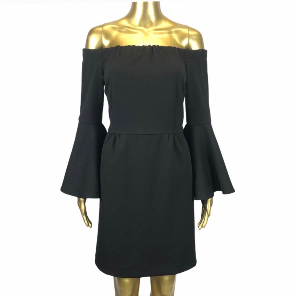 Trina Turk Off The Shoulder Bell Sleeve Dress, Black Polyester, Size 8, NWT